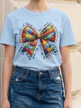 Adult Light Blue Tee with Colorful Bow Graphic